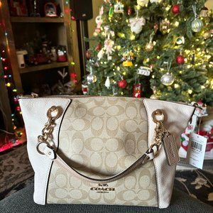 Coach Kacey Satchel In Colorblock Signature Canvas - Light Khaki/Chalk (NWT)